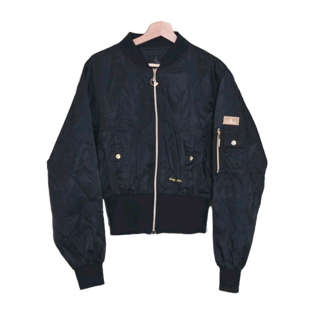 Vintage Baby Phat Bomber Jacket Womens L Black LS Gold Tone Details Baddie Y2K